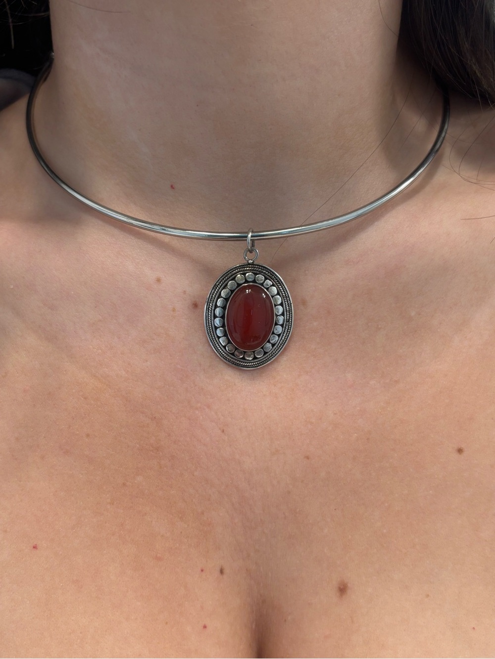 Sterling Silver Choker Necklace with Red Stone Pendant